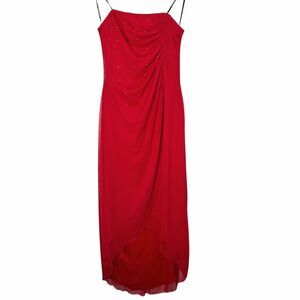 Vintage Dress Gown Rampage Strapless Slip Red Rhinestones Y2K Chiffon High Low L